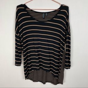 Cynthia Rowley Black Tan Striped 3/4 Sleeve Scoopneck Shirt